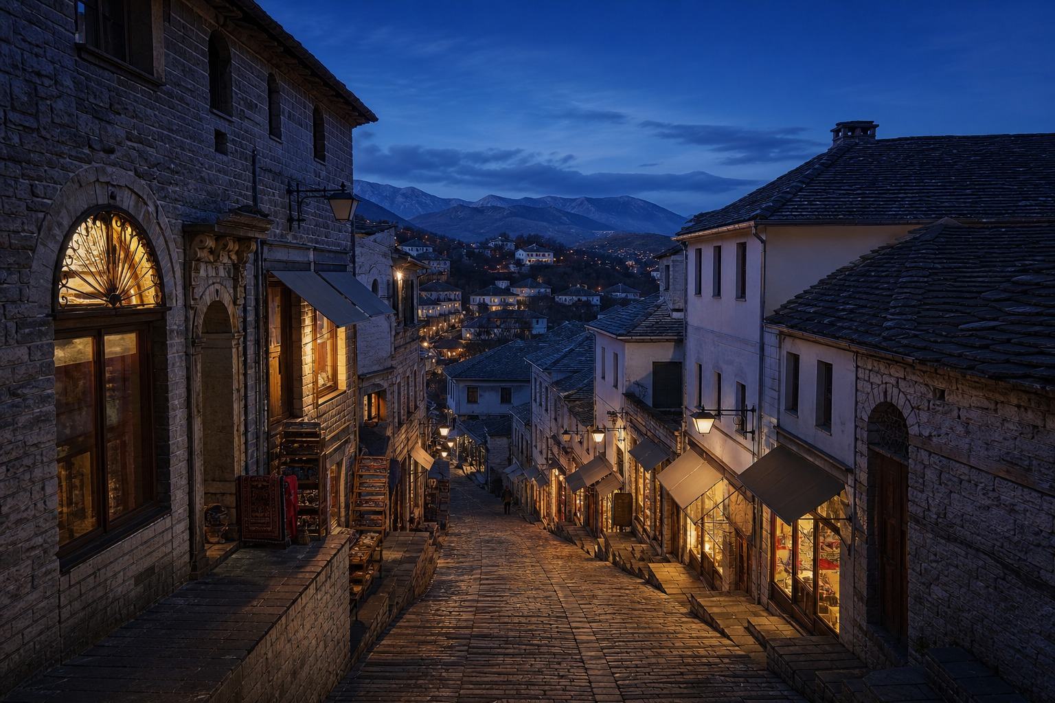 A stone street in Gjirokastër Old Bazaar in soft blue-hour light