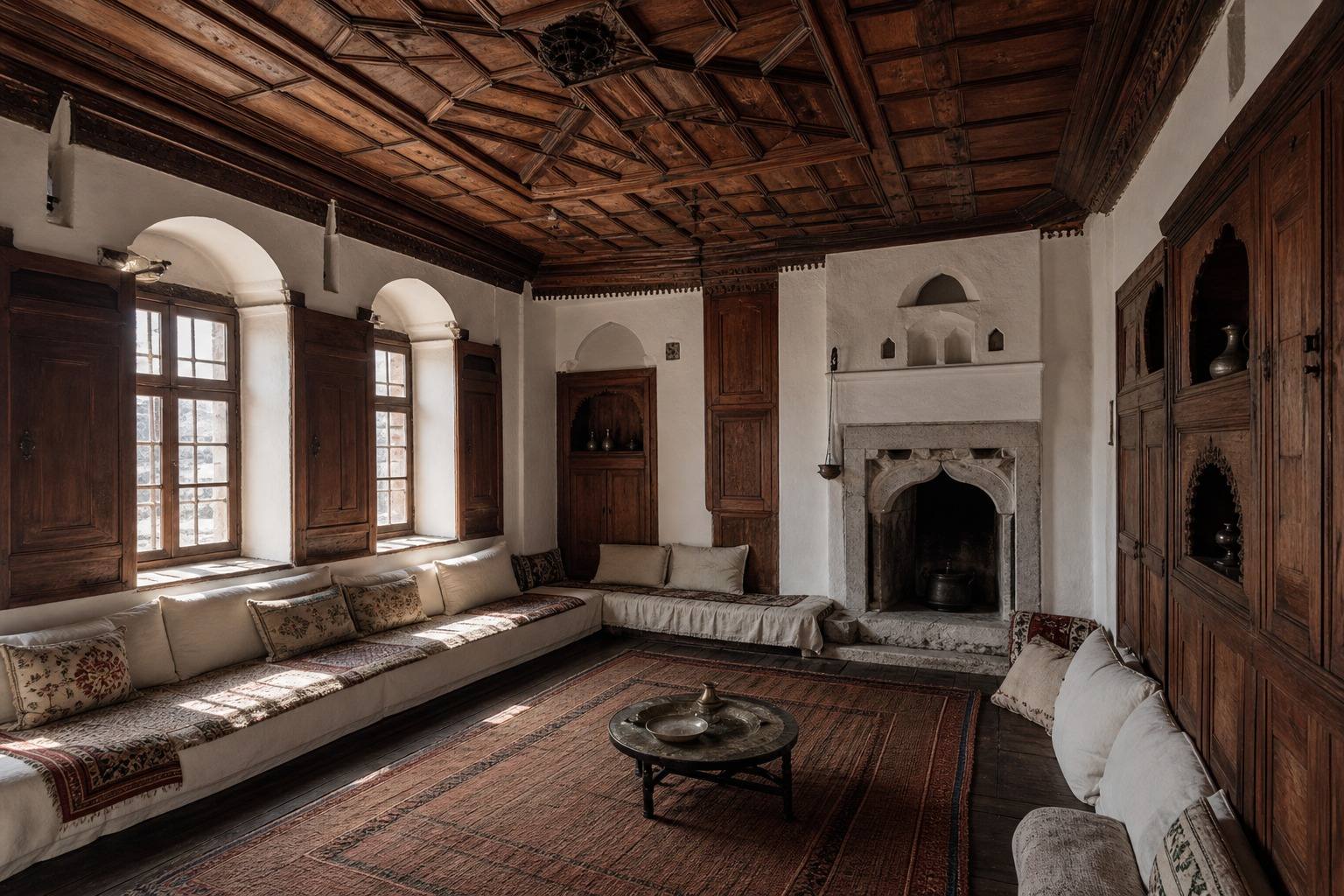 A regional Gjirokastër tower-house interior with carved timber ceiling and guest oda