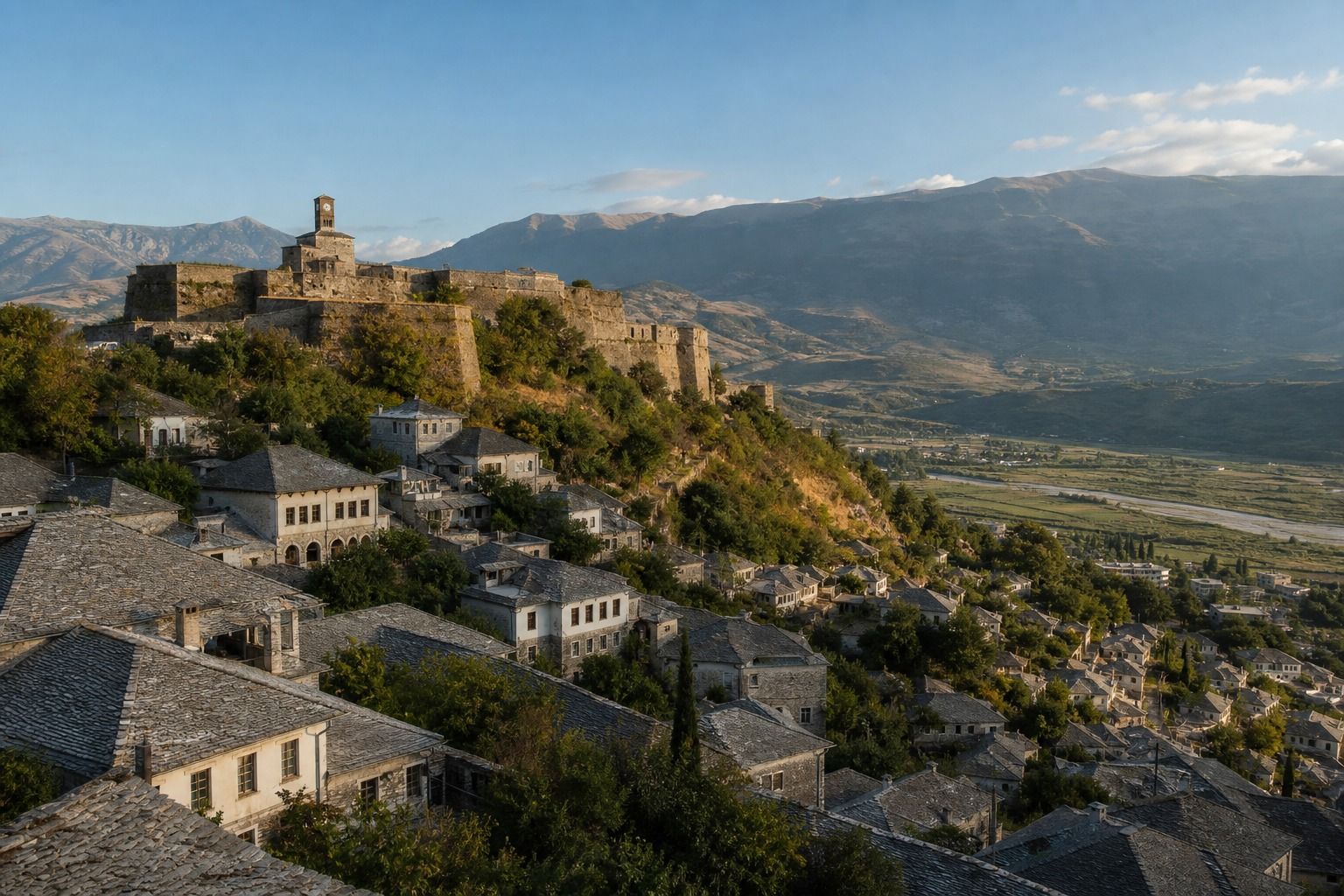 Gjirokastër’s historic stone roofs, castle and Drino valley in late light